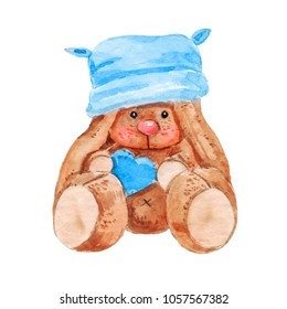 Cute Cartoon Watercolor Plush Toy Plush Hare In A Hat With A Heart Illustration.Comic Character Image.Hand Drawn Colorful Hare Image Isolated On White Background.Perfect For Childrens Book,Shop,Print