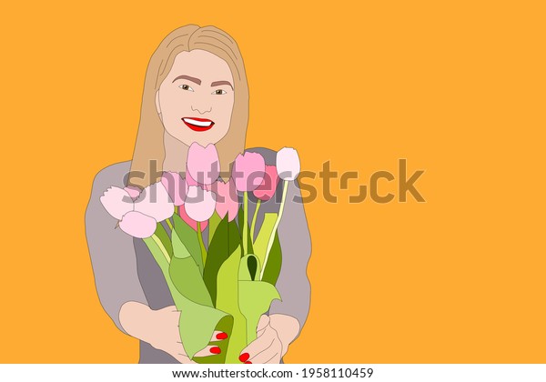 Cute\
cartoon woman with flowers. Flower\
illustration