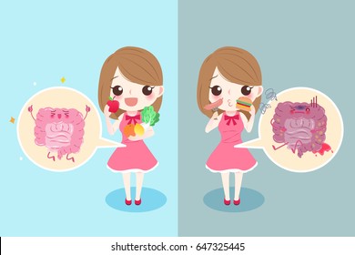 Cute Cartoon Woman With Intestine Health Concept