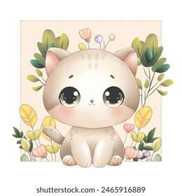 A cute, cartoon-style kitten with large, expressive eyes. Set against a pastel background, perfect for kids books, greeting cards etc - Powered by Shutterstock