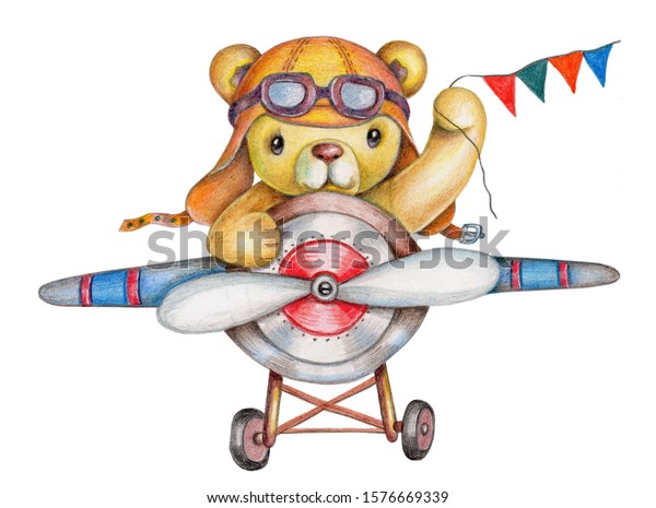 飛行機で飛ぶ可愛いcartoonteddyベア 手描きの水彩画と色鉛筆のイラスト 白い背景に のイラスト素材