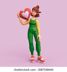 Cute casual kawaii funny smiling brunette girl in glasses wearing green apron, yellow t-shirt stands holding a red heart shape with her hand. I Love You. Minimal art style. 3d render on pink backdrop.