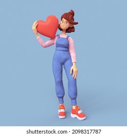 Cute casual kawaii funny smiling brunette girl in glasses wearing blue apron, pink t-shirt stands holding red heart shape with her hand. I Love You. Self acceptance, confidence. Minimal art. 3d render