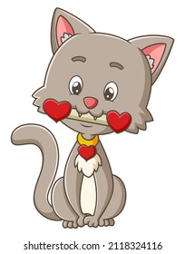The cute cat is bitting the love bone in the valentine event illustration