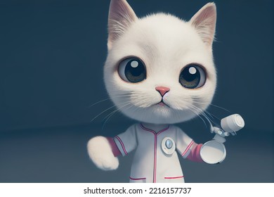 Cute Cat In The Costume Of A Doctor. The Concept Of Medical Care. Veterinary Clinic.