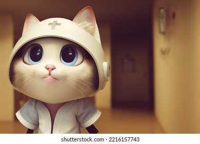 Cute Cat In The Costume Of A Doctor. The Concept Of Medical Care. Veterinary Clinic.