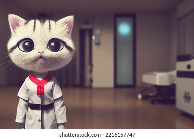 Cute Cat In The Costume Of A Doctor. The Concept Of Medical Care. Veterinary Clinic.