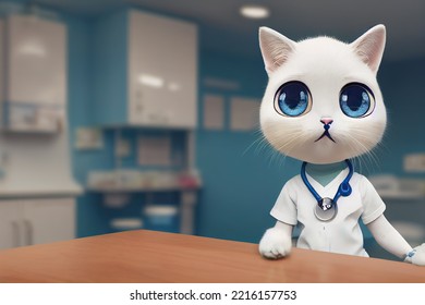 Cute Cat In The Costume Of A Doctor. The Concept Of Medical Care. Veterinary Clinic.