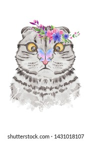 Cute cat in floral wreath   butterfly its nose  Watercolor hand drawn cat illustration series
