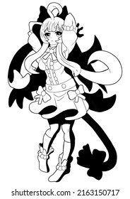 A Cute Cat Girl Drawn In The Style Of Japanese Manga Comics, She Has Big Cat Ears, Long Hair, A Long Tail With A Big Bow At The Tip, Knee-length Stockings, And A Flowing Skirt With Bows. With Shadows