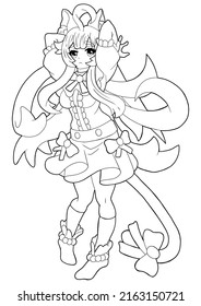 A Cute Cat Girl Drawn In The Style Of Japanese Manga Comics, She Has Big Cat Ears, Long Hair, A Long Tail With A Big Bow At The Tip, Knee-length Stockings, And A Flowing Skirt With Bows. Line Art