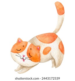 Cute cat with orange spots. Hand drawn watercolor illustration of sweet home pet with smiling face isolated on white background. Graphic for fabric, print, greeting card, stickers, poster - Powered by Shutterstock