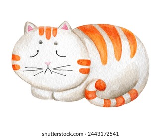 Cute cat with orange stripes. Hand drawn watercolor illustration of sweet home pet with funny expression isolated on white background. Graphic for fabric, print, greeting card, stickers, poster - Powered by Shutterstock