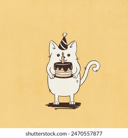 Cute cat in party hat holds a cake with a candle illustration. Birthday postcard - Powered by Shutterstock