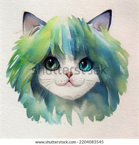 A cute cat portrait with colorful mane like a lion. Watercolor painting. Illustration for books, children's fairy tales, t-shirt print, card, posters, etc.
