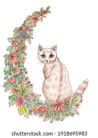 Cute Cat Sits On A Flower Garland. Spring Watercolor Illustration, For Postcard, Template, Background.