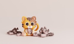 Cute Cat Sitting With Fish Isolated On Grey Background. Animals And Food Icon Cartoon Style Concept. 3D Render Illustration