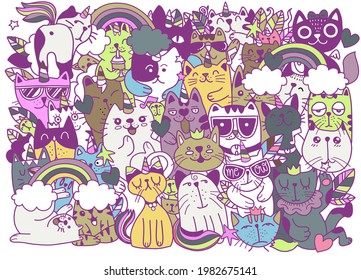 Cute  cat unicorn with rainbow horn and tail set including cute elements  ,Isolated vector illustration on a  background. Stickers, buttons, and patches of the animated comic format Elements i
