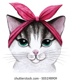 Cute Cat. Watercolor Illustration. Hand Drawing
