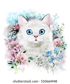 Cute cat. Watercolor Cat illustration. T-shirt print, card. Poster cat. Flower and splash paint. Isolated, hipster, animal