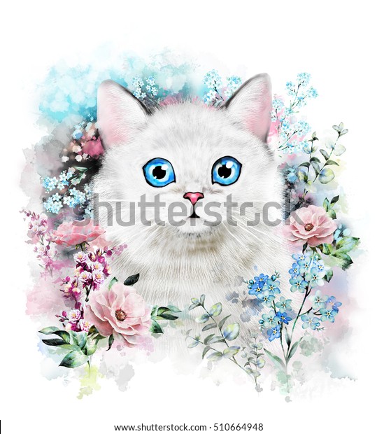 可愛い猫 水彩猫イラスト Tシャツのプリント カード ポスター猫 花と水しぶきペイント 分離型 ヒップスター 動物 のイラスト素材
