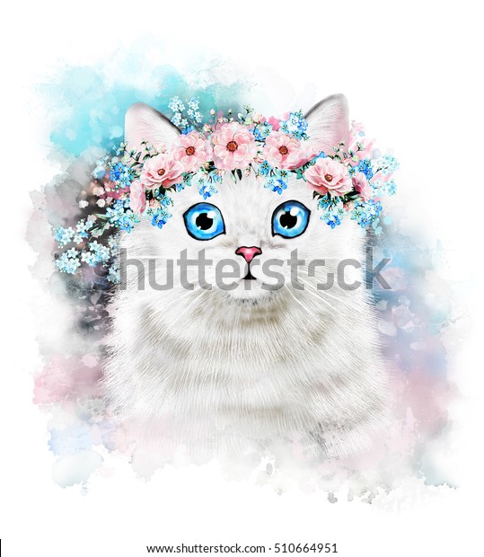 可愛い猫 水彩猫イラスト Tシャツの印刷 グリーティングカード ポスター子猫 花と水しぶきのペンキ 分離型 のイラスト素材