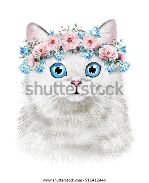 可愛い猫 水彩猫イラスト Tシャツの印刷 グリーティングカード ポスター子猫 花の花輪 動物 のイラスト素材