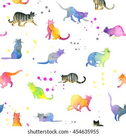 Cute Cat Watercolor Seamless Pattern. 