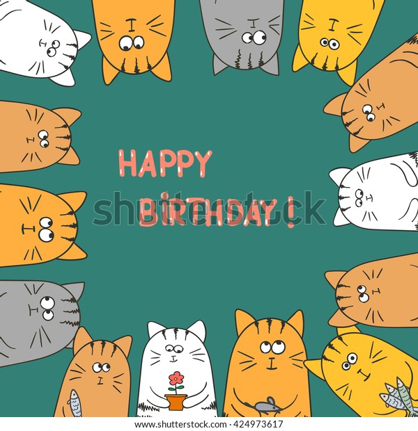Cute Cats Happy Birthday Card Doodle Stock Illustration 424973617