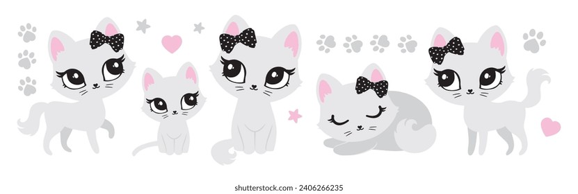 Cute cats vector set. Adorable portrait kittens character kitty design collection with paws flat color, different poses on background. Design illustration for sticker, comic, print, poster, wall art  - Powered by Shutterstock