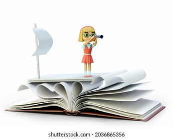 Cute character design girl  stands on a raft and looks through a telescope. Book in the form of sea waves. Concept art  of learning new things, traveling to the world of books, reading, adventure