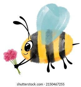 Cute Character Honey Bee With Bouquet Of Pink Flowers. Sketch Insect Clipart