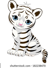 A Cute Character Of Sitting White Tiger Cub. Raster Version.  