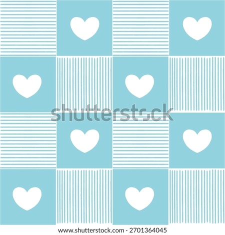 A cute and charming seamless pattern featuring white hearts alternating with squares of horizontal and vertical white stripes on a soft light blue background.