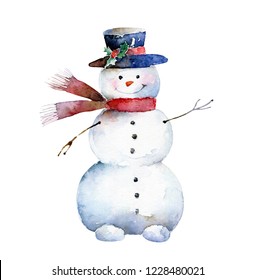 Cute cheerful bright snowman isolated white background  Watercolor illustration