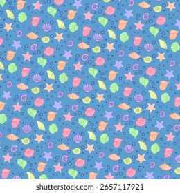 cute and cheerful seamless pattern featuring various pastel-colored seashells, starfish, and bubbles on a light blue background, perfect for a sea-themed design.