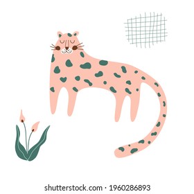 Cute cheetah print  Pink cheetah isolated animal  Wild cat illustration  Leopard doodle elememnt  Graphic safari big jungle cat  tropical flower  Kids naive art  Pink funny wildlife jaguar 