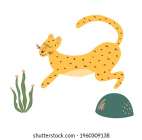 Cute cheetah print  Running cheetah isolated animal  Wild cat illustration  Leopard doodle elememnt  Graphic safari big jungle cat  tropical flower  Kids naive art  Yellow funny wildlife jaguar 