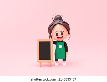 Cute Chef Baker Or Barista Standing With Open Or Menu Blackboard Sign Restaurant Cook Mascot On Pink Background 3d Rendering