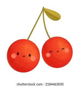 Cute Cherry, Kawaii Fruit Clipart, Isolated On White Background, Suitable For Prints, Postcards, Patterns, Stickers, Website Elements