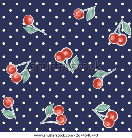 Cute cherry and polka dot seamless pattern. Retro hand-drawn fruit background for kitchen textile and wallpaper.