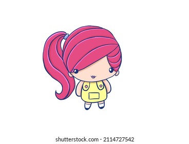 Cute Chibi Girl with Pink Hair in Ponytail and Yellow Dress