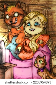 Cute Chibi Illustration Of A Woman Watching Tv With A Cat And A Scary Dog