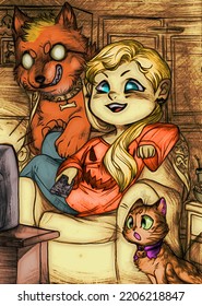 Cute Chibi Illustration Of A Woman Watching Tv With A Cat And A Scary Dog