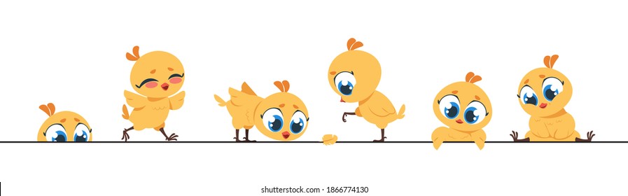 Cute chicken border. Funny baby chick, little flat characters frame design for greeting cards.  cartoon design background with little poultry farm birds on white