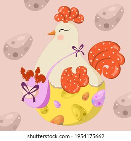 A Cute Chicken Sits In An Egg Rack. She Has A Bag Of Lollipops For The Toddlers. Easter Illustration.