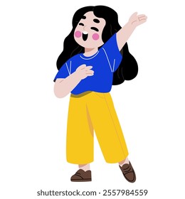 Cute child sings national anthem with putting hand on heart. Talented little girl shows in vocal concert. Happy kid singer performs in music performance. Flat isolated vector illustration on white - Powered by Shutterstock