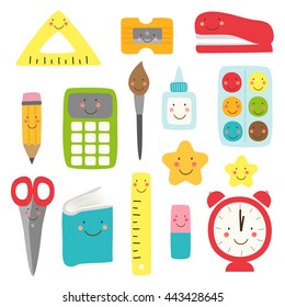 Cute Childish Back To School Supplies As Smiling Cartoon Characters For Your Decoration