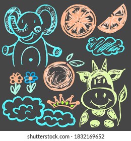 Cute childish drawing and colored chalk gray background  Pastel chalk pencil funny doodle style   Elephant  cow  oranges  clouds