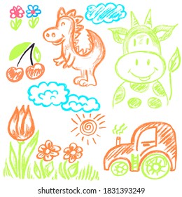 Cute Childish Drawing With Wax Crayons On A White Background. Pastel Chalk Or Pencil Funny Doodle Style . Cow, Dinosaur, Flowers, Tractor